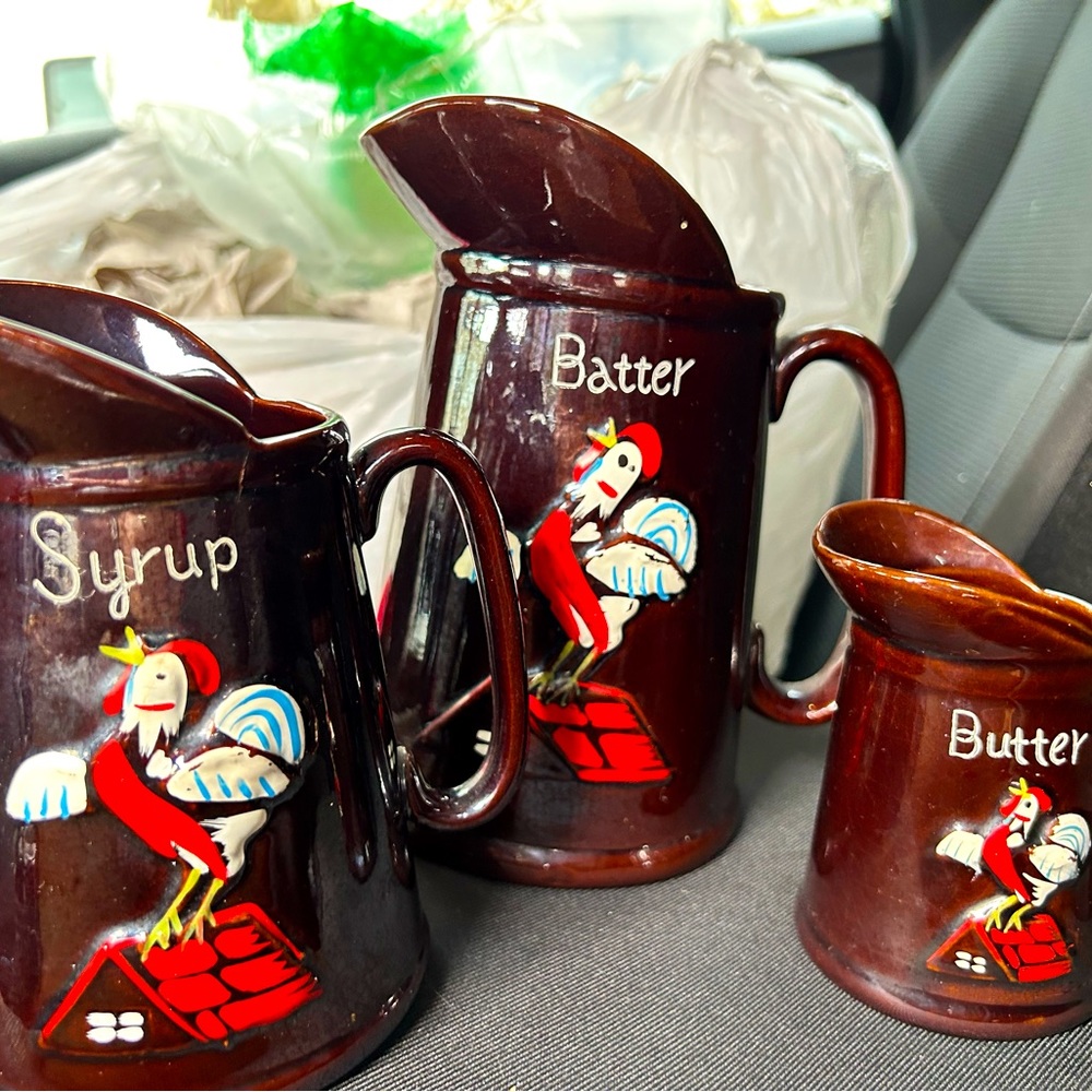 Vintage Redware 1950s pancake batter set with rooster design
